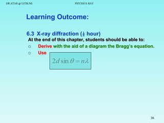 DR.ATAR @ UiTM.NS

PHY310 X-RAY

Learning Outcome:
6.3 X-ray diffraction (½ hour)
At the end of this chapter, students should be able to:

Derive with the aid of a diagram the Bragg’s equation.

Use

2d sin   n

36

 