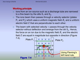 DR.ATAR @ UiTM.NS

PHY310 NUCLEUS

Working principle
 Ions from an ion source such as a discharge tube are narrowed
to a fine beam by the slits S1 and S2.
 The ions beam then passes through a velocity selector (plates
P1 and P2) which uses a uniform magnetic field B1 and a uniform
electric field E that are perpendicular to each other.


The beam with selected velocity v passes through the velocity
selector without deflection and emerge from the slit S3. Hence,
the force on an ion due to the magnetic field B1 and the electric
field E are equal in magnitude but opposite in direction (Figure
7.4).
Plate P1
Plate P2

Figure 7.4




 


FE  


  
v




 B
F



Using Fleming’s
left hand rule.
13

 