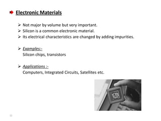 Electronic Materials
 Not major by volume but very important.
 Silicon is a common electronic material.
 Its electrical characteristics are changed by adding impurities.
 Examples:Silicon chips, transistors
 Applications :Computers, Integrated Circuits, Satellites etc.

11

 