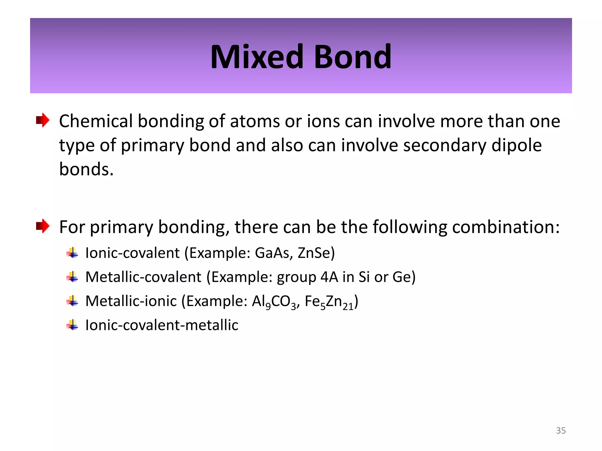 Mixed Bond
Chemical bonding of atoms or ions can involve more than one
type of primary bond and also can involve secondary dipole
bonds.
For primary bonding, there can be the following combination:
Ionic-covalent (Example: GaAs, ZnSe)
Metallic-covalent (Example: group 4A in Si or Ge)
Metallic-ionic (Example: Al9CO3, Fe5Zn21)
Ionic-covalent-metallic

35

 