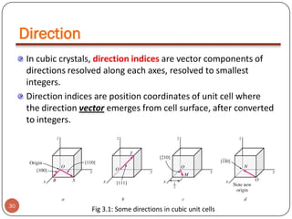 Direction
In cubic crystals, direction indices are vector components of
directions resolved along each axes, resolved to smallest
integers.
Direction indices are position coordinates of unit cell where
the direction vector emerges from cell surface, after converted
to integers.

30

Fig 3.1: Some directions in cubic unit cells

 