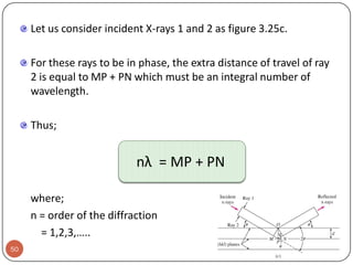Let us consider incident X-rays 1 and 2 as figure 3.25c.
For these rays to be in phase, the extra distance of travel of ray
2 is equal to MP + PN which must be an integral number of
wavelength.
Thus;

nλ = MP + PN
where;
n = order of the diffraction
= 1,2,3,…..
50

 