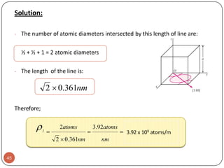 Solution:
- The number of atomic diameters intersected by this length of line are:

½ + ½ + 1 = 2 atomic diameters
- The length of the line is:

2  0.361nm
Therefore;



l



2atoms
2  0.361nm

45



3.92atoms
nm

3.92  106 atoms

 3.92 x 109 atoms/m
mm

 