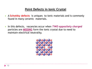 Point Defects in Ionic Crystal


A Schottky defects is uniques to ionic materials and is commonly
found in many ceramic materials.



In this defects, vacancies occur when TWO appositely charged
particles are MISSING form the ionic crystal due to need to
maintain electrical neutrality.

13

 