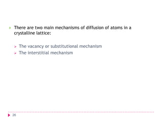 

There are two main mechanisms of diffusion of atoms in a
crystalline lattice:



26

The vacancy or substitutional mechanism
The interstitial mechanism

 