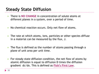 Steady State Diffusion


There is NO CHANGE in concentration of solute atoms at
different planes in a system, over a period of time.



No chemical reaction occurs. Only net flow of atoms.



The rate at which atoms, ions, particles or other species diffuse
in a material can be measured by the flux, J.



The flux is defined as the number of atoms passing through a
plane of unit area per unit time.



For steady state diffusion condition, the net flow of atoms by
atomic diffusion is equal to diffusion D times the diffusion
gradient dc/dx. This is defined as Fick’s First Law.

30

 