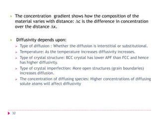 

The concentration gradient shows how the composition of the
material varies with distance: c is the difference in concentration
over the distance x.
Diffusivity depends upon:









32

Type of diffusion : Whether the diffusion is interstitial or substitutional.
Temperature: As the temperature increases diffusivity increases.
Type of crystal structure: BCC crystal has lower APF than FCC and hence
has higher diffusivity.
Type of crystal imperfection: More open structures (grain boundaries)
increases diffusion.
The concentration of diffusing species: Higher concentrations of diffusing
solute atoms will affect diffusivity

 