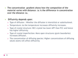 

The concentration gradient shows how the composition of the
material varies with distance: c is the difference in concentration
over the distance x.
Diffusivity depends upon:









33

Type of diffusion : Whether the diffusion is interstitial or substitutional.
Temperature: As the temperature increases diffusivity increases.
Type of crystal structure: BCC crystal has lower APF than FCC and hence
has higher diffusivity.
Type of crystal imperfection: More open structures (grain boundaries)
increases diffusion.
The concentration of diffusing species: Higher concentrations of diffusing
solute atoms will affect diffusivity

 
