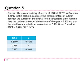 Question 5
Consider the gas carburizing of a gear of 1020 at 927 0C as Question
4. Only in this problem calculate the carbon content at 0.5mm
beneath the surface of the gear after 5h carburizing time. Assume
that the carbon content of the surface of the gear is 0.9% and that
the steel has a nominal carbon content of 0.2%. Given D steel at
9270C = 1.28 x 10-11 m2/s.

Erf Z
0.5000

0.5205

0.521

X

0.550

38

Z

0.5633

 