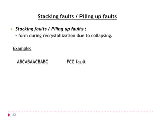 Stacking faults / Piling up faults


Stacking faults / Piling up faults :
- form during recrystallization due to collapsing.
Example:
ABCABAACBABC

52

FCC fault

 