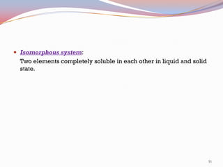  Isomorphous system:

Two elements completely soluble in each other in liquid and solid
state.

11

 