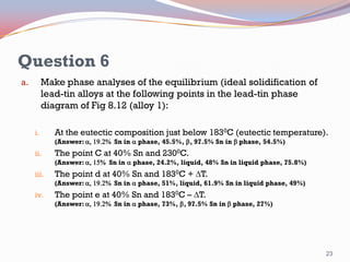 Question 6
Make phase analyses of the equilibrium (ideal solidification of
lead-tin alloys at the following points in the lead-tin phase
diagram of Fig 8.12 (alloy 1):

a.

i.

At the eutectic composition just below 1830C (eutectic temperature).
(Answer: a, 19.2% Sn in a phase, 45.5%, b, 97.5% Sn in b phase, 54.5%)

ii.

The point C at 40% Sn and 2300C.

(Answer: a, 15% Sn in a phase, 24.2%, liquid, 48% Sn in liquid phase, 75.8%)

iii.

The point d at 40% Sn and 1830C + T.

(Answer: a, 19.2% Sn in a phase, 51%, liquid, 61.9% Sn in liquid phase, 49%)

iv.

The point e at 40% Sn and 1830C – T.

(Answer: a, 19.2% Sn in a phase, 73%, b, 97.5% Sn in b phase, 27%)

23

 