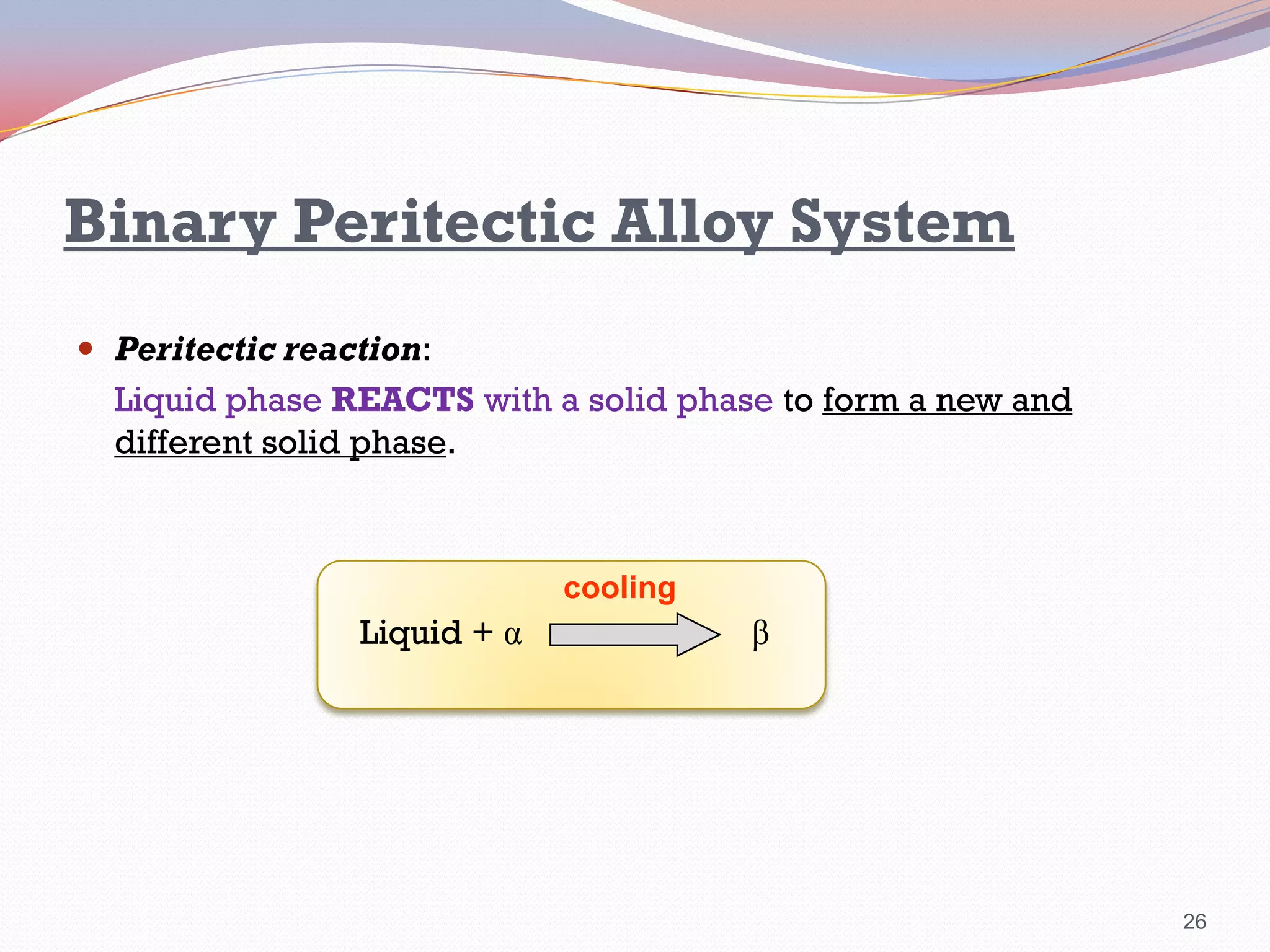 Binary Peritectic Alloy System
 Peritectic reaction:

Liquid phase REACTS with a solid phase to form a new and
different solid phase.

cooling

Liquid + α

β

26

 