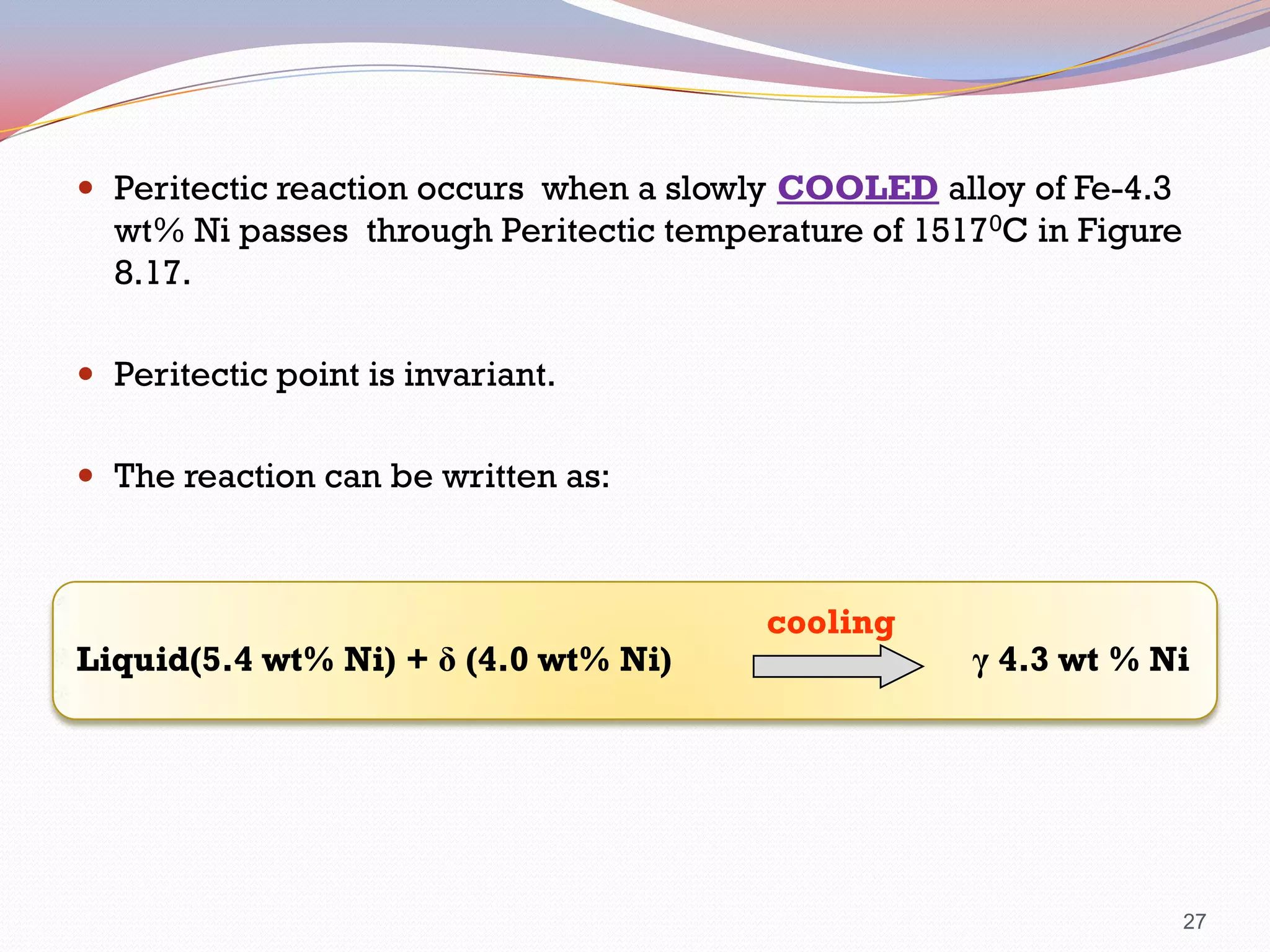  Peritectic reaction occurs when a slowly COOLED alloy of Fe-4.3

wt% Ni passes through Peritectic temperature of 15170C in Figure
8.17.
 Peritectic point is invariant.
 The reaction can be written as:

Liquid(5.4 wt% Ni) + δ (4.0 wt% Ni)

cooling

γ 4.3 wt % Ni

27

 