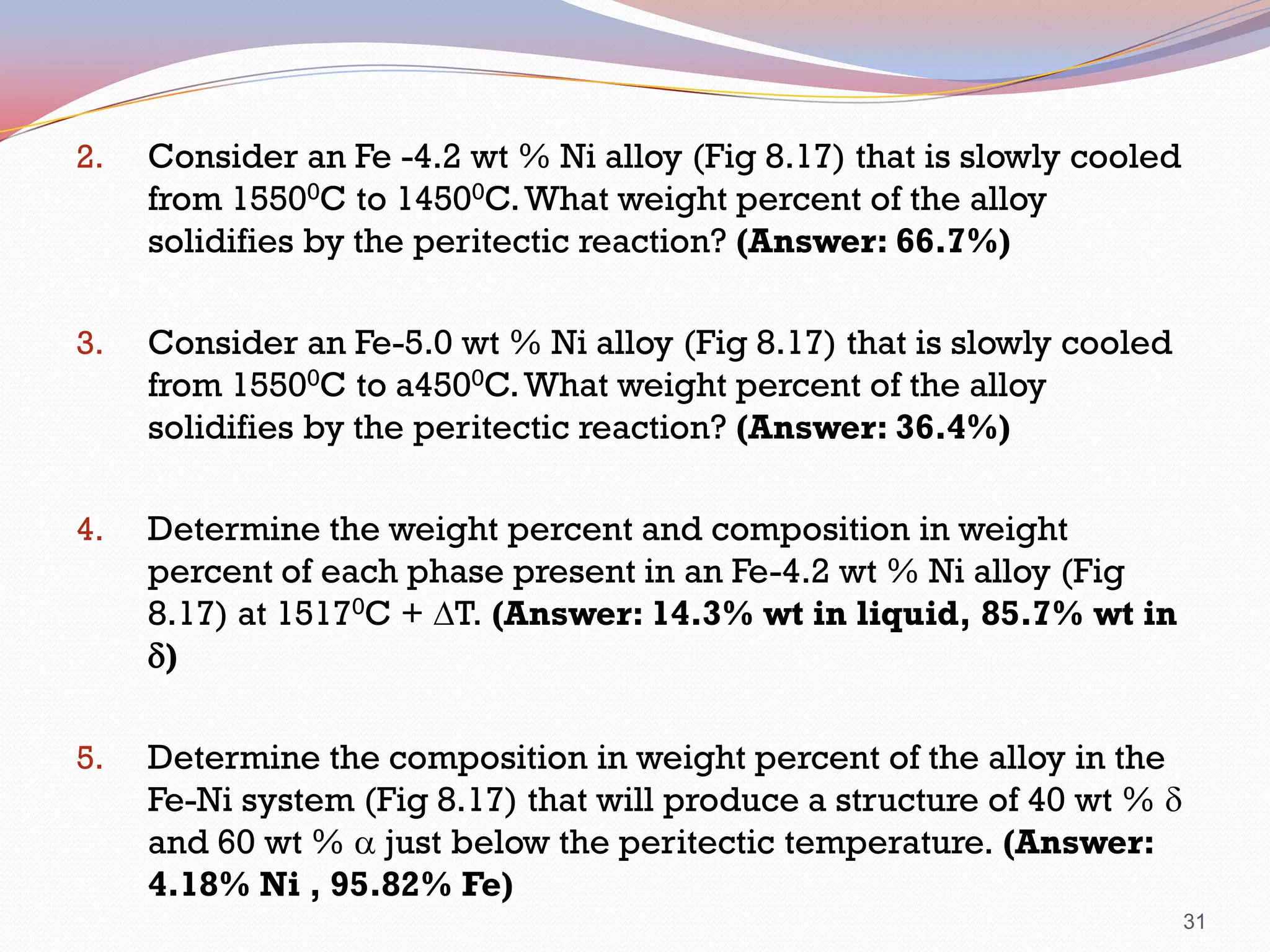 2.

Consider an Fe -4.2 wt % Ni alloy (Fig 8.17) that is slowly cooled
from 15500C to 14500C. What weight percent of the alloy
solidifies by the peritectic reaction? (Answer: 66.7%)

3.

Consider an Fe-5.0 wt % Ni alloy (Fig 8.17) that is slowly cooled
from 15500C to a4500C. What weight percent of the alloy
solidifies by the peritectic reaction? (Answer: 36.4%)

4.

Determine the weight percent and composition in weight
percent of each phase present in an Fe-4.2 wt % Ni alloy (Fig
8.17) at 15170C + T. (Answer: 14.3% wt in liquid, 85.7% wt in
d)

5.

Determine the composition in weight percent of the alloy in the
Fe-Ni system (Fig 8.17) that will produce a structure of 40 wt % d
and 60 wt % a just below the peritectic temperature. (Answer:
4.18% Ni , 95.82% Fe)
31

 