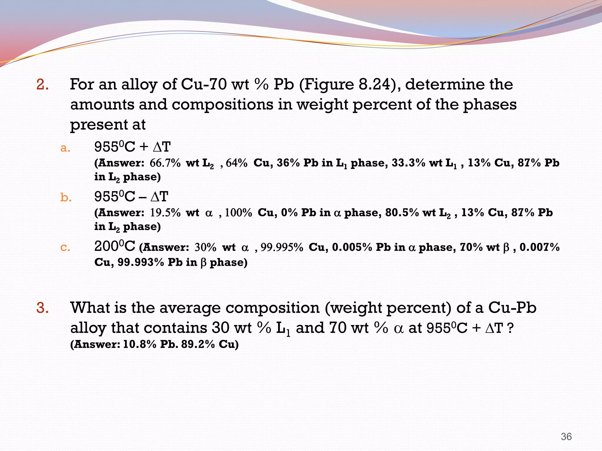 2.

For an alloy of Cu-70 wt % Pb (Figure 8.24), determine the
amounts and compositions in weight percent of the phases
present at
a.

9550C + T

(Answer: 66.7% wt L2 , 64% Cu, 36% Pb in L1 phase, 33.3% wt L1 , 13% Cu, 87% Pb
in L2 phase)

b.

9550C – T

(Answer: 19.5% wt a , 100% Cu, 0% Pb in a phase, 80.5% wt L2 , 13% Cu, 87% Pb
in L2 phase)

c.

3.

2000C (Answer:

30% wt a , 99.995% Cu, 0.005% Pb in a phase, 70% wt b , 0.007%
Cu, 99.993% Pb in b phase)

What is the average composition (weight percent) of a Cu-Pb
alloy that contains 30 wt % L1 and 70 wt % a at 9550C + T ?
(Answer: 10.8% Pb. 89.2% Cu)

36

 