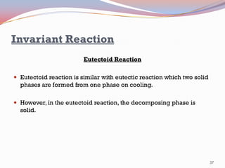 Invariant Reaction
Eutectoid Reaction
 Eutectoid reaction is similar with eutectic reaction which two solid

phases are formed from one phase on cooling.
 However, in the eutectoid reaction, the decomposing phase is

solid.

37

 