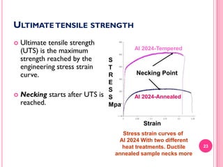 ULTIMATE TENSILE STRENGTH




Ultimate tensile strength
(UTS) is the maximum
strength reached by the
engineering stress strain
curve.
Necking starts after UTS is
reached.

Al 2024-Tempered

S
T
R
E
S
S
Mpa

Necking Point

Al 2024-Annealed

Strain
Stress strain curves of
Al 2024 With two different
heat treatments. Ductile
annealed sample necks more

23

 