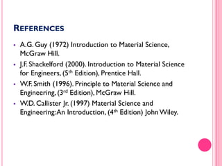 REFERENCES








A.G. Guy (1972) Introduction to Material Science,
McGraw Hill.
J.F. Shackelford (2000). Introduction to Material Science
for Engineers, (5th Edition), Prentice Hall.
W.F. Smith (1996). Principle to Material Science and
Engineering, (3rd Edition), McGraw Hill.
W.D. Callister Jr. (1997) Material Science and
Engineering: An Introduction, (4th Edition) John Wiley.

55

 