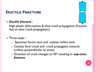 DUCTILE FRACTURE


Ductile fracture :
High plastic deformation & slow crack propagation (fracture
due to slow crack propagation).



Three steps :
 Specimen forms neck and cavities within neck.
 Cavities form crack and crack propagates towards
surface, perpendicular to stress.
 Direction of crack changes to 450 resulting in cup-cone
fracture.
36

 