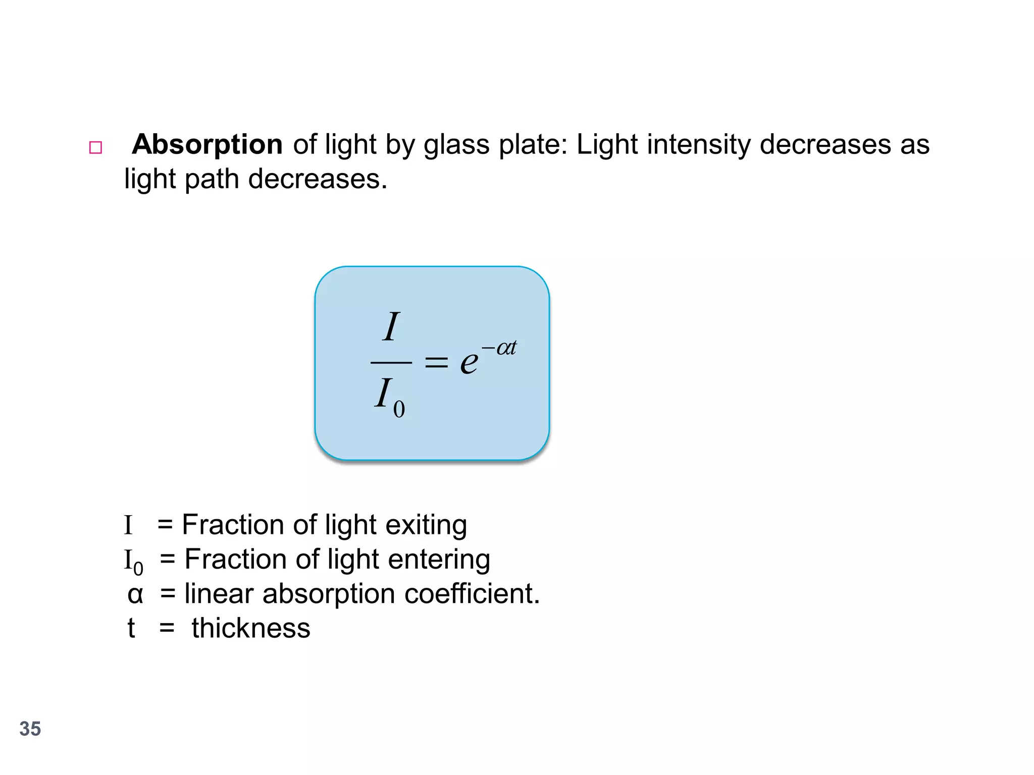 

Absorption of light by glass plate: Light intensity decreases as
light path decreases.

I
I0
I
I0
α
t

35

e

t

= Fraction of light exiting
= Fraction of light entering
= linear absorption coefficient.
= thickness

 