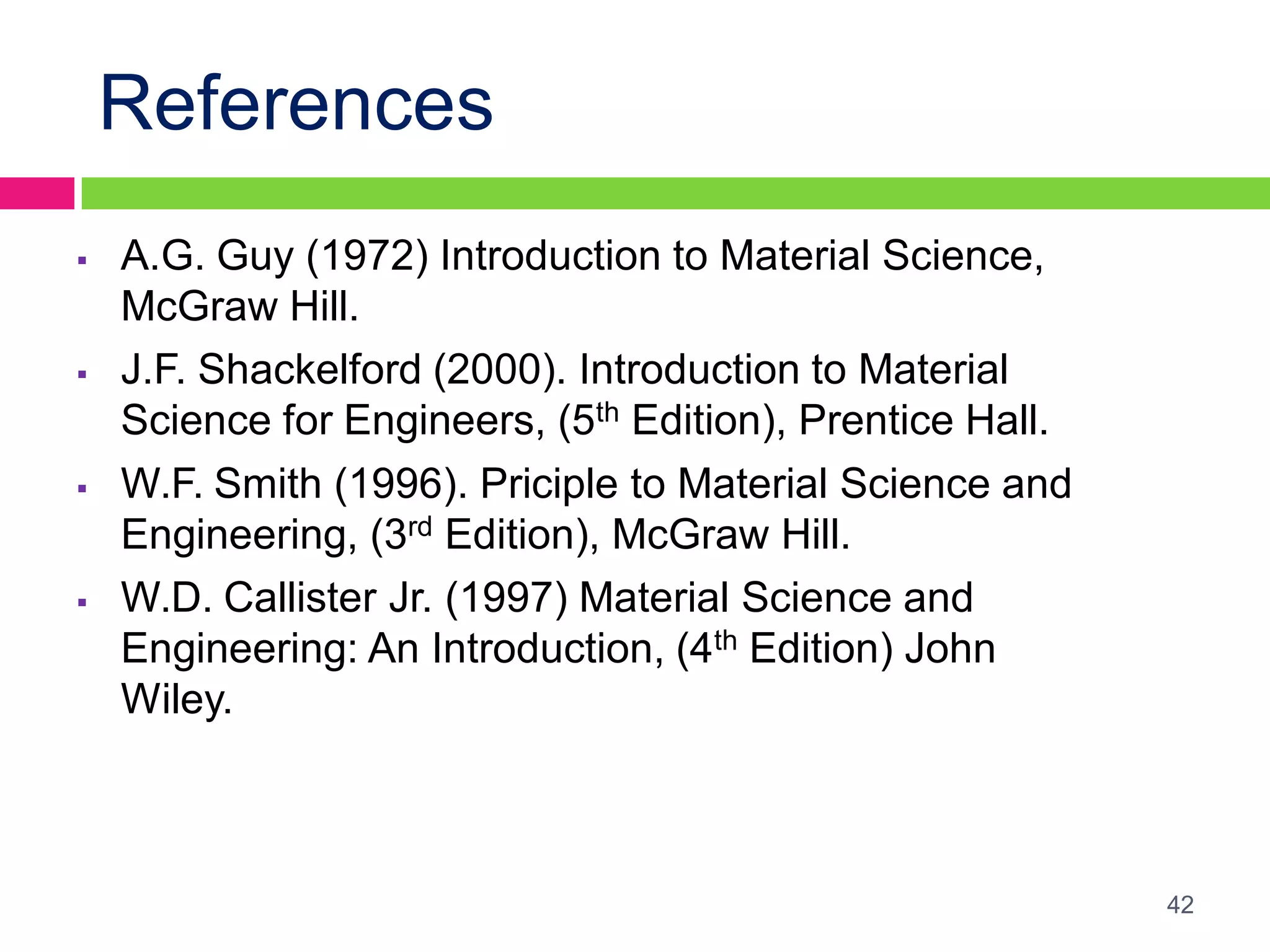 References








A.G. Guy (1972) Introduction to Material Science,
McGraw Hill.
J.F. Shackelford (2000). Introduction to Material
Science for Engineers, (5th Edition), Prentice Hall.
W.F. Smith (1996). Priciple to Material Science and
Engineering, (3rd Edition), McGraw Hill.
W.D. Callister Jr. (1997) Material Science and
Engineering: An Introduction, (4th Edition) John
Wiley.

42

 