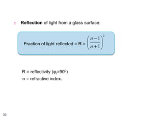 

Reflection of light from a glass surface:

 n  1
Fraction of light reflected = R = 
 n  1




R = reflectivity (φi=900)
n = refractive index.

33

2

 