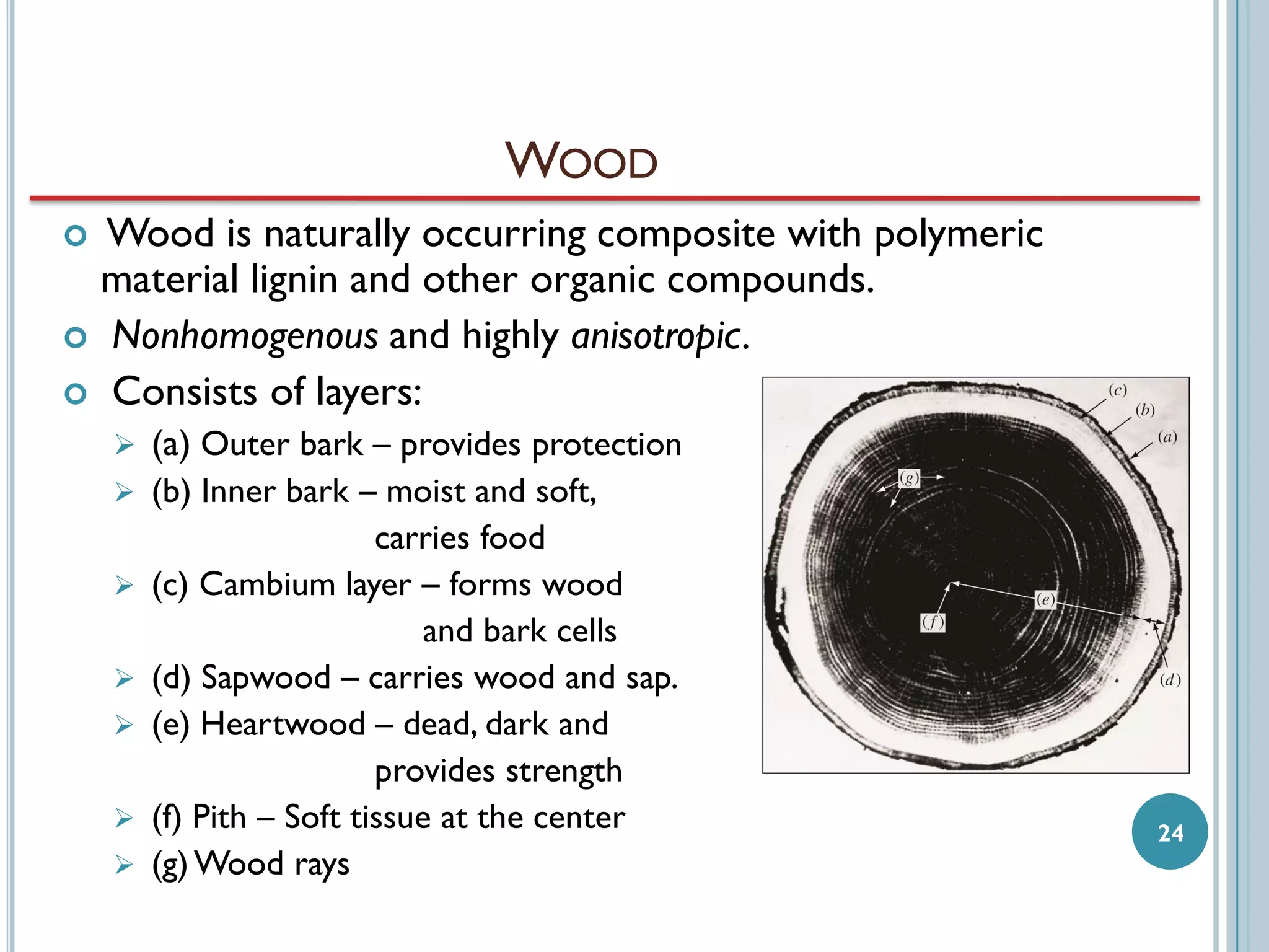 WOOD
Wood is naturally occurring composite with polymeric
material lignin and other organic compounds.
 Nonhomogenous and highly anisotropic.
 Consists of layers:




(a) Outer bark – provides protection



(b) Inner bark – moist and soft,
carries food
(c) Cambium layer – forms wood
and bark cells
(d) Sapwood – carries wood and sap.
(e) Heartwood – dead, dark and
provides strength
(f) Pith – Soft tissue at the center
(g) Wood rays








24

 