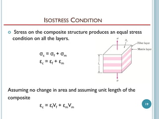 ISOSTRESS CONDITION


Stress on the composite structure produces an equal stress
condition on all the layers.
σc = σf + σm
εc = εf + εm

Assuming no change in area and assuming unit length of the
composite
εc = εfVf + εmVm

19

 