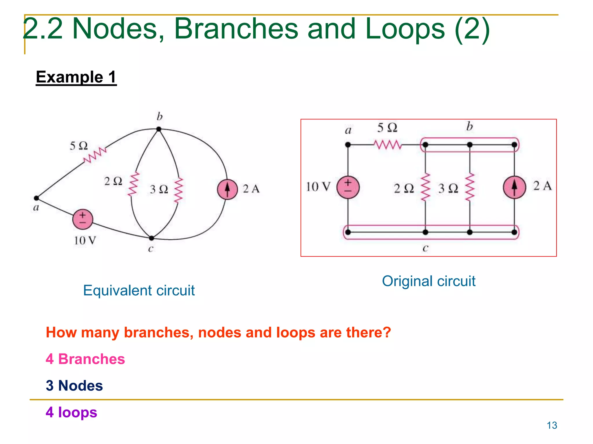 13 
2.2 Nodes, Branches and Loops (2) 
Example 1 
Original circuit 
Equivalent circuit 
How many branches, nodes and loops are there? 
4 Branches 
3 Nodes 
4 loops 
 