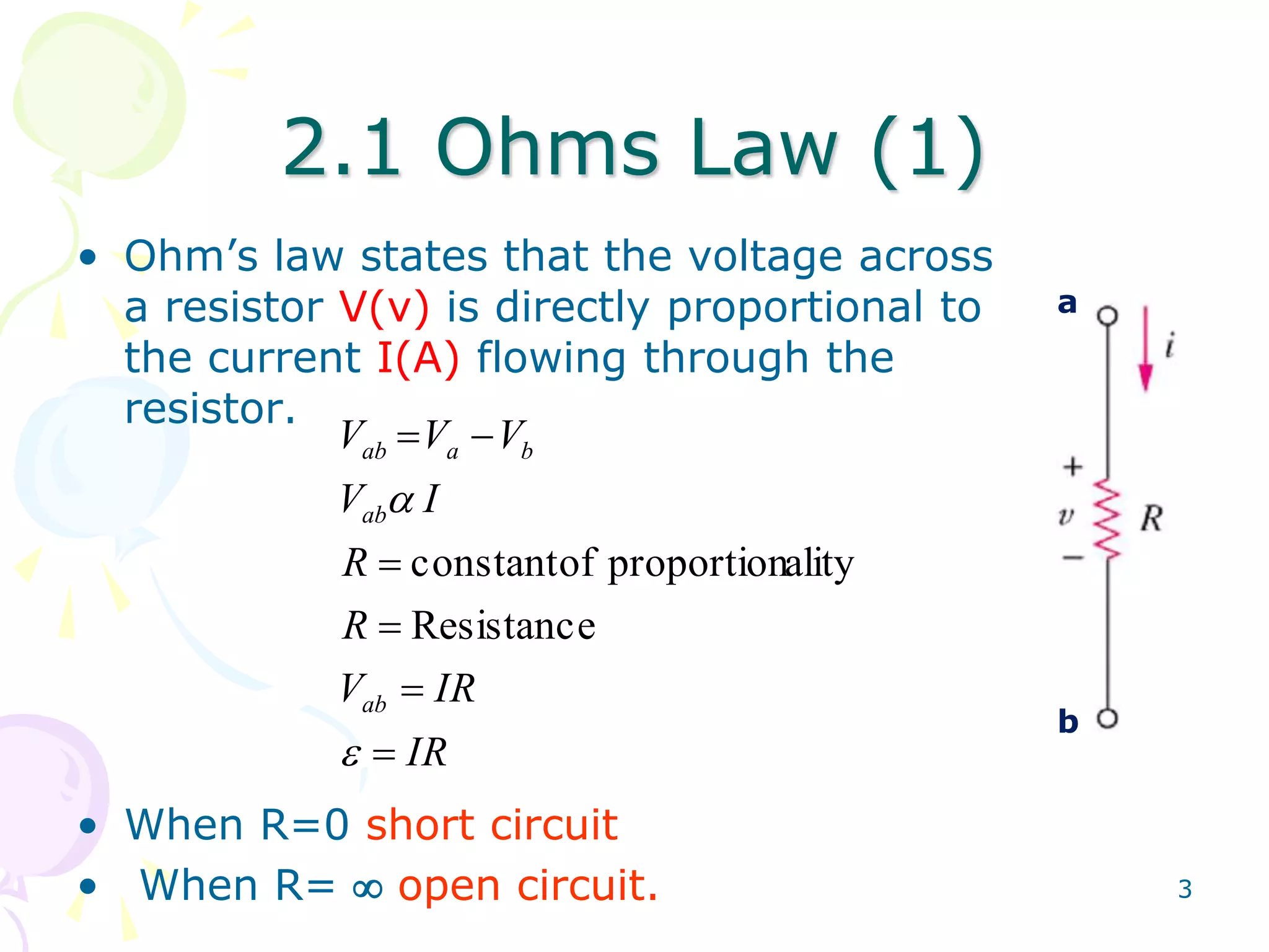 3 
2.1 Ohms Law (1) 
• Ohm’s law states that the voltage across 
a resistor V(v) is directly proportional to 
the current I(A) flowing through the 
resistor. 
V  V  
V 
ab a b 
V  
I 
ab 
R 
R 
 
 
constant of proportionality 
Resistance 
V  
IR 
IR 
ab 
 
 
• When R=0 short circuit 
• When R=  open circuit. 
a 
b 
 