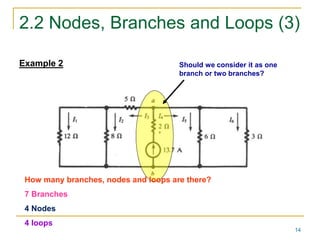 2.2 Nodes, Branches and Loops (3) 
14 
Example 2 Should we consider it as one 
branch or two branches? 
How many branches, nodes and loops are there? 
7 Branches 
4 Nodes 
4 loops 
 