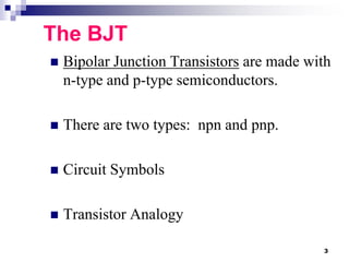 The BJT
 Bipolar Junction Transistors are made with
n-type and p-type semiconductors.
 There are two types: npn and pnp.
 Circuit Symbols
 Transistor Analogy
3
 