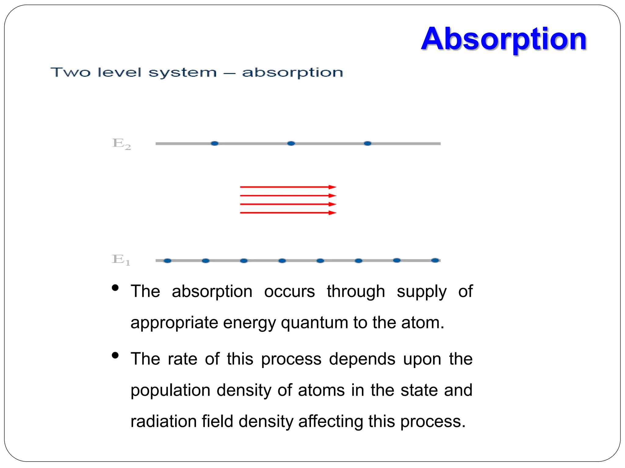 • The absorption occurs through supply of
appropriate energy quantum to the atom.
• The rate of this process depends upon the
population density of atoms in the state and
radiation field density affecting this process.
Absorption
 