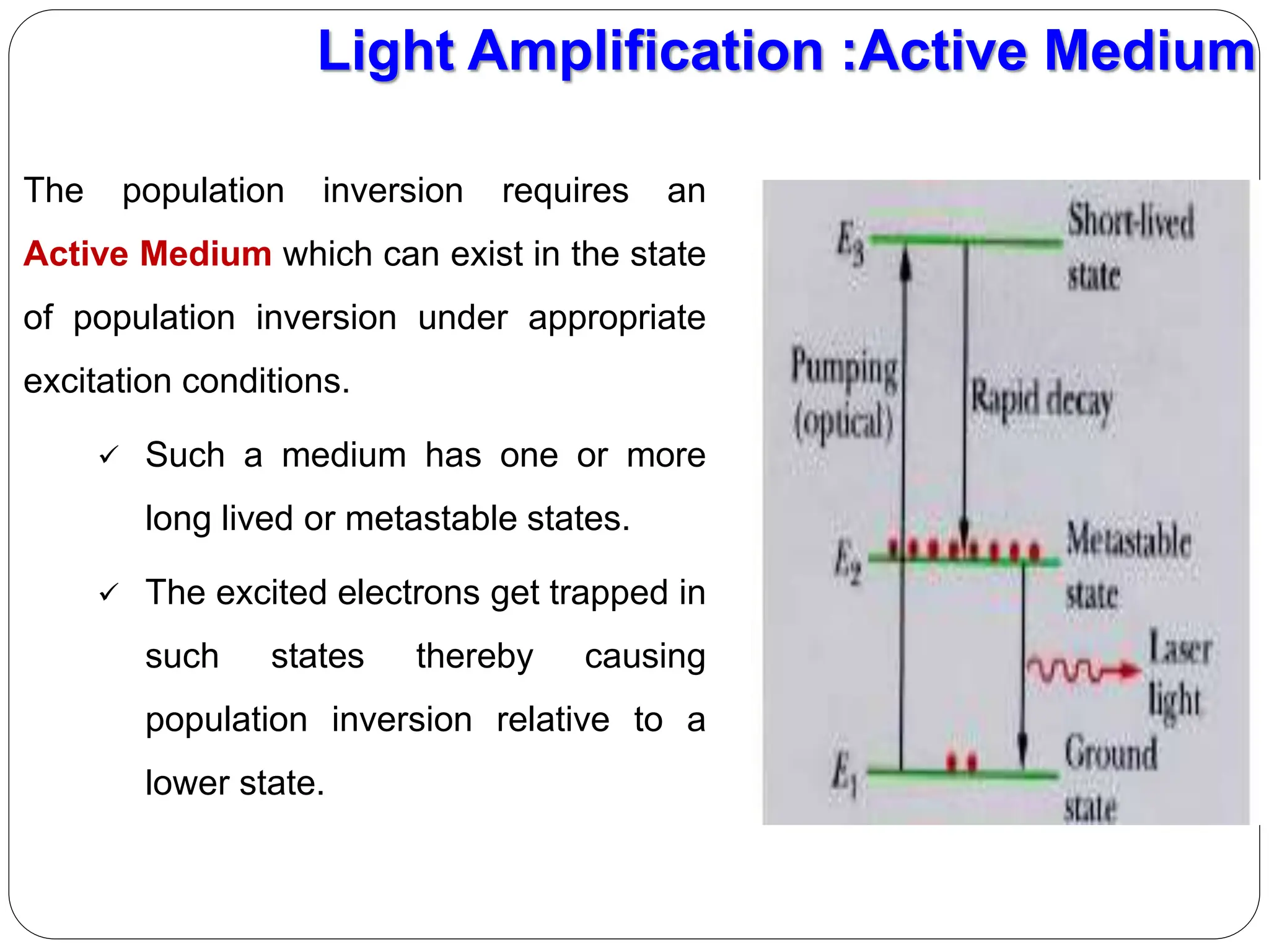 The population inversion requires an
Active Medium which can exist in the state
of population inversion under appropriate
excitation conditions.
 Such a medium has one or more
long lived or metastable states.
 The excited electrons get trapped in
such states thereby causing
population inversion relative to a
lower state.
Light Amplification :Active Medium
 