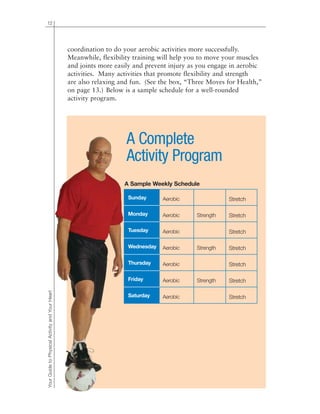 12
coordination to do your aerobic activities more successfully.
Meanwhile, flexibility training will help you to move your muscles
and joints more easily and prevent injury as you engage in aerobic
activities. Many activities that promote flexibility and strength
are also relaxing and fun. (See the box, “Three Moves for Health,”
on page 13.) Below is a sample schedule for a well-rounded
activity program.
YourGuidetoPhysicalActivityandYourHeart
Sunday
Monday
Tuesday
Wednesday
Thursday
Friday
Saturday
Aerobic
Aerobic
Aerobic
Aerobic
Aerobic
Aerobic
Aerobic
Strength
Strength
Strength
Stretch
Stretch
Stretch
Stretch
Stretch
Stretch
Stretch
A Sample Weekly Schedule
A Complete
Activity Program
 