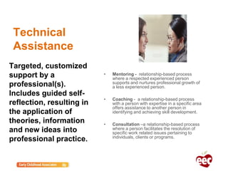 • Mentoring - relationship-based process
where a respected experienced person
supports and nurtures professional growth of
a less experienced person.
• Coaching - a relationship-based process
with a person with expertise in a specific area
offers assistance to another person in
identifying and achieving skill development.
• Consultation –a relationship-based process
where a person facilitates the resolution of
specific work related issues pertaining to
individuals, clients or programs.
Targeted, customized
support by a
professional(s).
Includes guided self-
reflection, resulting in
the application of
theories, information
and new ideas into
professional practice.
Technical
Assistance
 