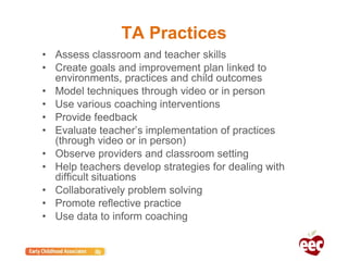 TA Practices
• Assess classroom and teacher skills
• Create goals and improvement plan linked to
environments, practices and child outcomes
• Model techniques through video or in person
• Use various coaching interventions
• Provide feedback
• Evaluate teacher’s implementation of practices
(through video or in person)
• Observe providers and classroom setting
• Help teachers develop strategies for dealing with
difficult situations
• Collaboratively problem solving
• Promote reflective practice
• Use data to inform coaching
 