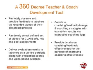 A 360 Degree Teacher & Coach
Development Tool
• Remotely observe and
provide feedback to teachers
via recorded videos of their
classroom practice
• Randomly select defined set
of videos for CLASS pre, mid
and post assessments
• Deliver evaluation results to
teachers as a unified portfolio
along with evaluation scores
and video based evidence
• Correlate
coaching/feedback dosage
& coaching strategies with
evaluation results via
interactive coaching logs
• Provide details on
coaching/feedback
effectiveness for the
purpose of improving
coaching effectiveness
 