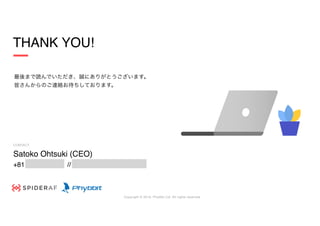 Satoko Ohtsuki (CEO)
+81 //
CONTACT:
THANK YOU!
最後まで読んでいただき、誠にありがとうございます。

皆さんからのご連絡お待ちしております。
Copyright © 2019, Phybbit L...