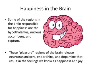 Happiness in the Brain
• Some of the regions in
  the brain responsible
  for happiness are the
  hypothalamus, nucleus
  accumbens, and
  septum.


• These “pleasure” regions of the brain release
  neurotransmitters, endorphins, and dopamine that
  result in the feelings we know as happiness and joy.
 