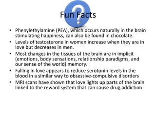 Fun Facts
• Phenylethylamine (PEA), which occurs naturally in the brain
  stimulating happiness, can also be found in chocolate.
• Levels of testosterone in women increase when they are in
  love but decreases in men.
• Most changes in the tissues of the brain are in implicit
  (emotions, body sensations, relationship paradigms, and
  our sense of the world) memory.
• Falling in love appears to reduce serotonin levels in the
  blood in a similar way to obsessive-compulsive disorders
• MRI scans have shown that love lights up parts of the brain
  linked to the reward system that can cause drug addiction
 