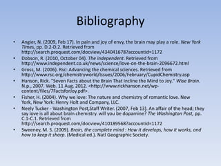 Bibliography
•   Angier, N. (2009, Feb 17). In pain and joy of envy, the brain may play a role. New York
    Times, pp. D.2-D.2. Retrieved from
    http://search.proquest.com/docview/434041678?accountid=1172
•   Dobson, R. (2010, October 04). The independent. Retrieved from
    http://www.independent.co.uk/news/science/love-on-the-brain-2096672.html
•   Gross, M. (2006). Rsc: Advancing the chemical sciences. Retrieved from
    http://www.rsc.org/chemistryworld/Issues/2006/February/CupidChemistry.asp
•   Hanson, Rick. "Seven Facts about the Brain That Incline the Mind to Joy." Wise Brain.
    N.p., 2007. Web. 11 Aug. 2012. <http://www.rickhanson.net/wp-
    content/files/7FactsforJoy.pdf>.
•   Fisher, H. (2004). Why we love: The nature and chemistry of romantic love. New
    York, New York: Henry Holt and Company, LLC.
•   Neely Tucker - Washington Post,Staff Writer. (2007, Feb 13). An affair of the head; they
    say love is all about brain chemistry. will you be dopamine? The Washington Post, pp.
    C.1-C.1. Retrieved from
    http://search.proquest.com/docview/410189568?accountid=1172
•   Sweeney, M. S. (2009). Brain, the complete mind : How it develops, how it works, and
    how to keep it sharp. (Medical ed.). Natl Geographic Society.
 