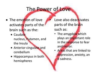 The Power of Love
The emotion of love        • Love also deactivates
activates parts of the       parts of the brain
brain such as the:           such as:
  Caudate                    • The amygdala which
  nucleus, Putamen, and        plays an important role
  the Insula                   in the response to fear
  Anterior cingulate and       and terror.
  cerebellum                 • Areas that are linked to
                               depression, anxiety, an
  Hippocampus in both
                               d sadness.
  hemispheres
 