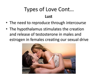 Types of Love Cont…
                      Lust
• The need to reproduce through intercourse
• The hypothalamus stimulates the creation
  and release of testosterone in males and
  estrogen in females creating our sexual drive
 