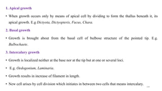 1. Apical growth
• When growth occurs only by means of apical cell by dividing to form the thallus beneath it, its
apical growth. E.g Dictyota, Dictyopteris, Fucus, Chara.
2. Basal growth
• Growth is brought about from the basal cell of bulbose structure of the pointed tip. E.g.
Bulbochaete.
3. Intercalary growth
• Growth is localized neither at the base nor at the tip but at one or several loci.
• E.g. Oedogonium, Laminaria.
• Growth results in increase of filament in length.
• New cell arises by cell division which initiates in between two cells that means intercalary.
109
 