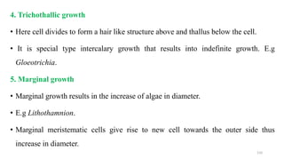 4. Trichothallic growth
• Here cell divides to form a hair like structure above and thallus below the cell.
• It is special type intercalary growth that results into indefinite growth. E.g
Gloeotrichia.
5. Marginal growth
• Marginal growth results in the increase of algae in diameter.
• E.g Lithothamnion.
• Marginal meristematic cells give rise to new cell towards the outer side thus
increase in diameter.
110
 
