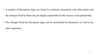 • A number of blue-green algae are found in symbiotic association with other plants and
the nitrogen fixed by them may be largely responsible for the success of the partnership.
• The nitrogen fixed by blue-green algae can be assimilated by themselves as well as by
other organisms.
112
 