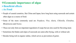 Economic importance of algae
Beneficial effects
oAs Food
• People of coastal countries, like China and Japan, have long been using seaweeds and certain
other algae as a source of food.
• Some of the more commonly used are Porphyra, Vlva, Alaria, Chlorella, Chondrus,
Rhodymenia and Nostoc.
• These not only form an important ingredient of soups but are also used for flavoring meat.
• Sometimes the blades and stipes of seaweeds are eaten after frying, with or without salt.
• Besides being rich in organic iodine, which serves as prevention of goiter.
113
 
