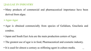 ALGAE IN INDUSTRY
• Many products of commercial and pharmaceutical importance have been
derived from algae.
Agar-Agar
• Agar is obtained commercially from species of Gelidium, Gracilaria and
condrus.
• Japan and South East Asia are the main production centers of Agar.
• The greatest use of agar is in food, Pharmaceutical and cosmetic industry.
• It is used for almost a century as stiffening agent in culture media. 116
 